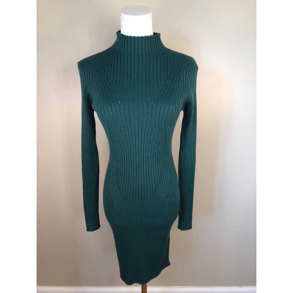 Lulus Long Sleeve Mock Neck Emerald Green Ribbed Sweater Dress Size M